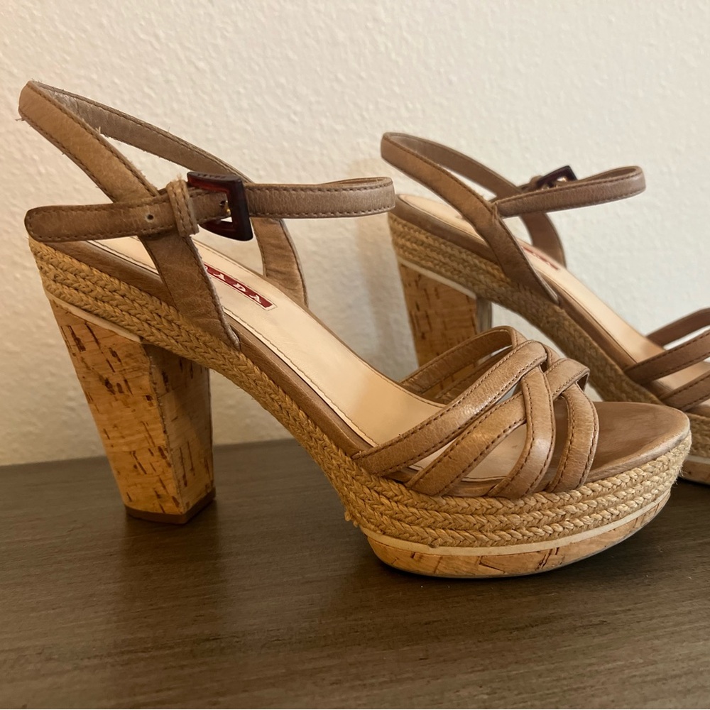 Prada Leather Espadrille Cork Platform Sandals – Size 37.5